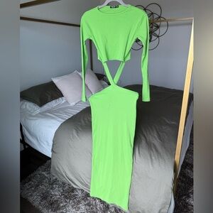 NASTY GAL Long Sleeve Dress Womens 4 S Green Ribbed Knit Maxi Bodycon Cutout Y2K